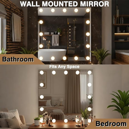 48x32 Lighted Bathroom Mirror, Hollywood Wall-Mounted Mirrors with LED Bulbs, 3 Color Temperatures and Step-Less Dimming, IP54 Enhanced Anti-Fog, Corrosion Proof, Touch Sense
