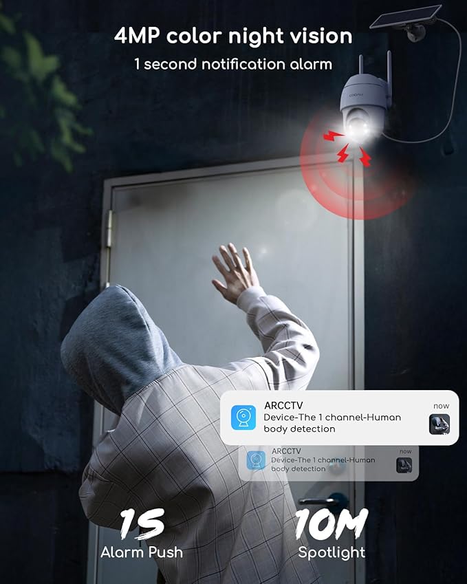 COOAU 4MP Cameras for Home Security, Solar Security Camera Wireless Outdoor System,4 Cam-Kit,360° Pan & Tilt,Color Night Vision,Motion Detection,No Monthly Fee,Siren Alarm,IP66,64GB Memory Card