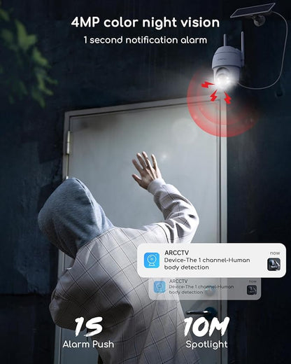 COOAU Solar Security Cameras Wireless Outdoor, 2 Cam-Kit, 4MP Cameras for Home Security System, 360° Pan & Tilt, Color Night Vision, Motion Detection, No Monthly Fee, Siren Alarm, IP66,64GB Card