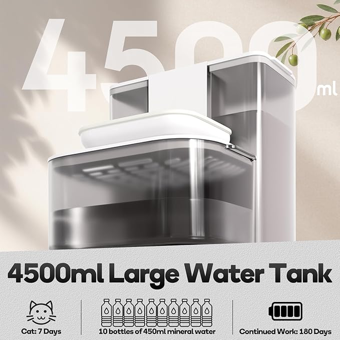 Cat Water Fountain with Heating, 4.5L Automatic Water Dispenser for Cats, Ceramic Bowl, No Filters, Wastewater Separation, Wireless Water Dispenser for Cats and Small Dogs
