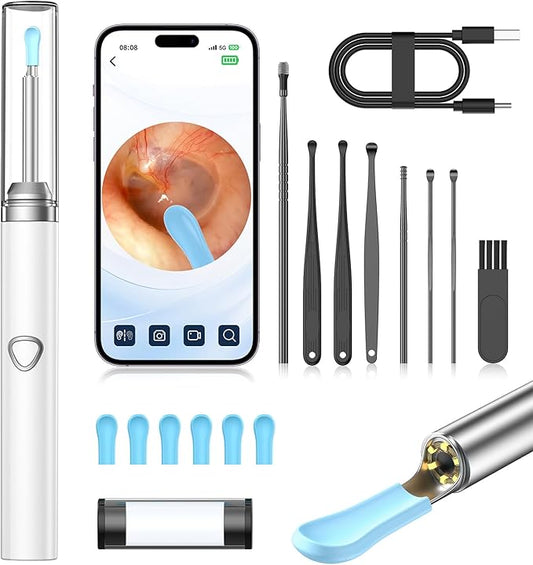 Ear Wax Removal Tool Camera，Wireless Ear Cleaner with Camera 1080P, Earwax Removal Kit with 6 LED Light 5 Replacement Ear Spoon, Ear Camera for iOS & Android (White)