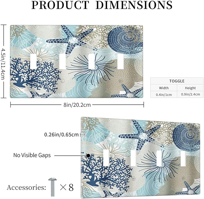 Decorative Light Switch Cover Plate Blue Starfish Brown Coral Ocean 4 Gang Wall Plates for Electrical Outlets Quad Toggle Switch Plate Covers Outlet Covers Faceplate for Girlroom Home Decor