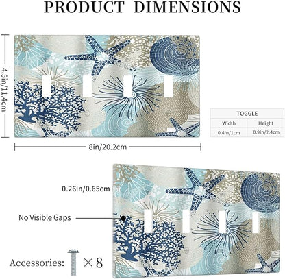 Decorative Light Switch Cover Plate Blue Starfish Brown Coral Ocean 4 Gang Wall Plates for Electrical Outlets Quad Toggle Switch Plate Covers Outlet Covers Faceplate for Girlroom Home Decor