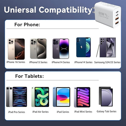 USB C Wall Fast Charger Block, 60W 4-Port Type C Charger Fast Charging Blocks +QC 3.0 USB C Multiport Charger Brick for Phone 16/15/14/13/12 Pro Max, Pad, Galaxy S24/23
