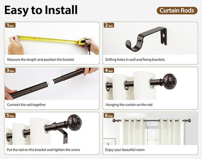 TONIAL Bronze Curtain Rod 32 to 144 Inches, 7/8 Adjustable Curtain Rods for Windows 20 to 54 Inches, Splicing Drapery Rods Heavy duty with Netted Texture Finials
