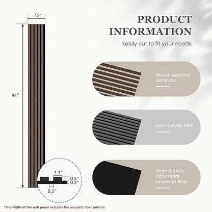 Wood Salt Acoustic Wall Panels, 6 Piece 94" x 7.9" x 0.8" Soundproof Wooden Wall Panels, 3D Fluted Sound Absorbing Panel, Natural Walnut