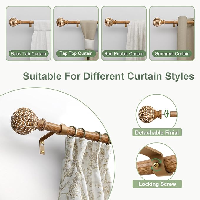 Imitation Wood Grain Ball Curtain Rods for Windows 48 to 84 Inch,1 Inch Heavy Duty Adjustable Wood Curtain Rod,Boho Decorative Drapery Rods Set with Brackets,Size:18''-88''