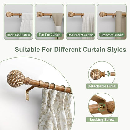 Imitation Wood Grain Ball Curtain Rods for Windows 48 to 84 Inch,1 Inch Heavy Duty Adjustable Wood Curtain Rod,Boho Drapery Rods Set with Brackets,Size:36''-88''
