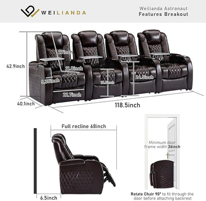 Weilianda Home Theater Seating Top Grain Leather Zero Gravity Recliner Chair Power Headrest Recline Movie Seat Gaming 7 Colors Mood Light Sofa with Tray Table USB Charge Row of 4 Brown