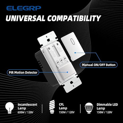 ELEGRP Single Pole Occupancy Motion Sensor Light Switch, PIR Infrared Motion Activated Switch, Need Grounding Wire, No Neutral Wire, for CFL/LED/Incandescent, with Plate, UL(2 Pack, Matte White)