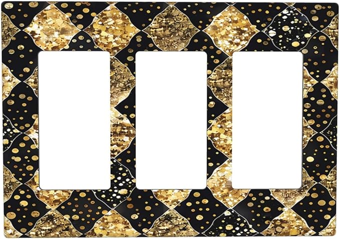 Gold Black Marble Geometric Plaid Glitter Light Switch Covers 3 Gang Rocker Decorative Triple Outlet Wall Plate Cover Electrical GFCI Switchplate for Bedroom Bathroom Decor