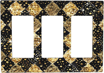 Gold Black Marble Geometric Plaid Glitter Light Switch Covers 3 Gang Rocker Decorative Triple Outlet Wall Plate Cover Electrical GFCI Switchplate for Bedroom Bathroom Decor