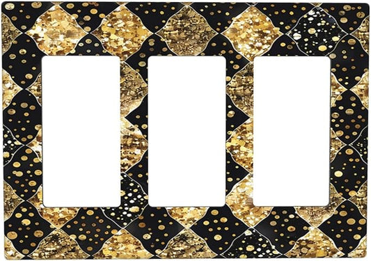 Gold Black Marble Geometric Plaid Glitter Light Switch Covers 3 Gang Rocker Decorative Triple Outlet Wall Plate Cover Electrical GFCI Switchplate for Bedroom Bathroom Decor