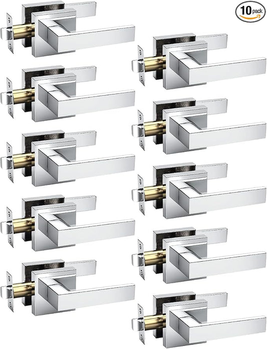 KNOBWELL 10 Pack Polished Chrome Door Handles Interior Modern Square Door Knob for Closet Hallway Pantry