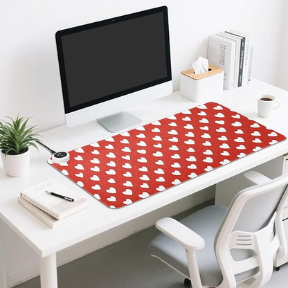 Heated Desk Pad Mouse Pad 31.5x13 Inch PU Leather Desk Mat with 3 Heat Levels Large Mouse Gaming Computer Laptop Mat Red Heart Valentine