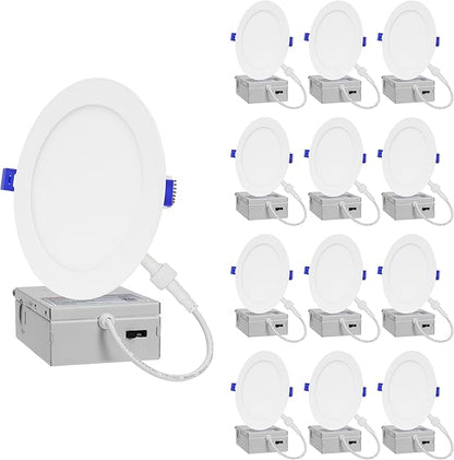 LAMPHOME 12-Pack of 6-Inch Slim LED Recessed Lights with Junction Box, Adjustable Color Temperatures (2700K-5000K), 12W Equivalent to 110W, Dimmable, 1050LM Brightness - ETL and Energy Star Certified