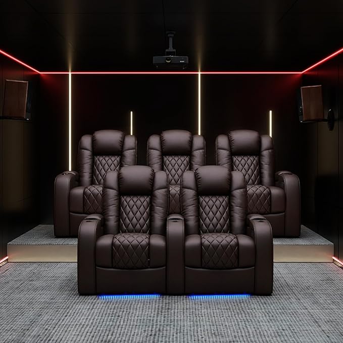 Weilianda Home Theater Seating Top Grain Leather Zero Gravity Recliner Chair Power Headrest Recline Movie Seat Gaming 7 Colors Mood Light Sofa with Tray Table USB Charge Row of 5 Brown