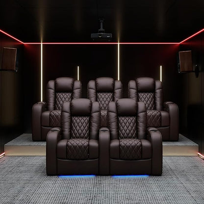 Weilianda Home Theater Seating Top Grain Leather Zero Gravity Recliner Chair Power Headrest Recline Movie Seat Gaming 7 Colors Mood Light Sofa with Tray Table USB Charge Row of 3 Brown