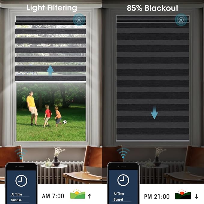 SmartWings Motorized Zebra Shades - Compatible with HomeKit, Alexa, SmartThings, Google - Remote Control Light Filtering Roller Shades, 85% Blackout, Smart Home/Office, Graphite, Customized