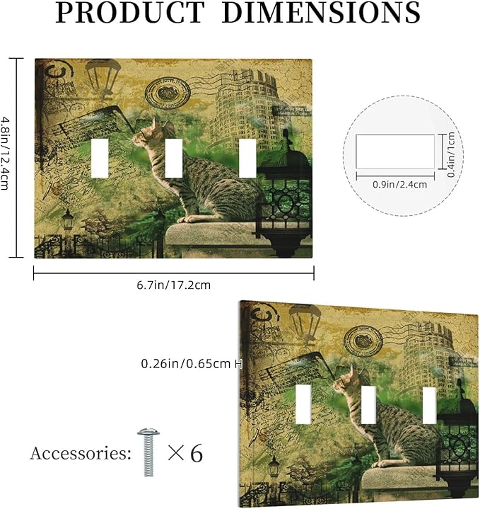 Decorative Light Switch Cover Plate Vintage Style Cat City Stamp 3 Gang Wall Plate Triple Toggle Switch Plate Covers Electrical Outlet Cover for Bedroom Home Decor