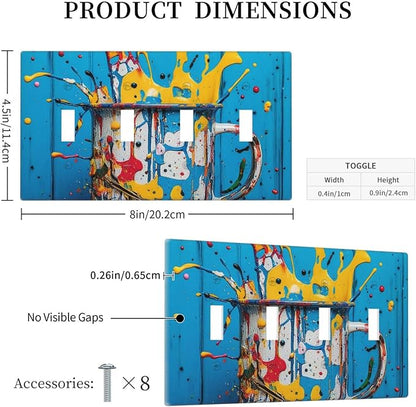 Decorative Light Switch Cover Plate Colorful Paint Splatters Blue Wood Plank 4 Gang Wall Plate Oversized Quad Toggle Switch Cover Plate Jumbo Faceplate for Home Decor