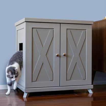 THE REFINED FELINE Cat Litter Box Enclosure Cabinet, Farmhouse, Smoke Gray, Mid-Century Feet, Large, Hidden Litter Cat Furniture with Drawer
