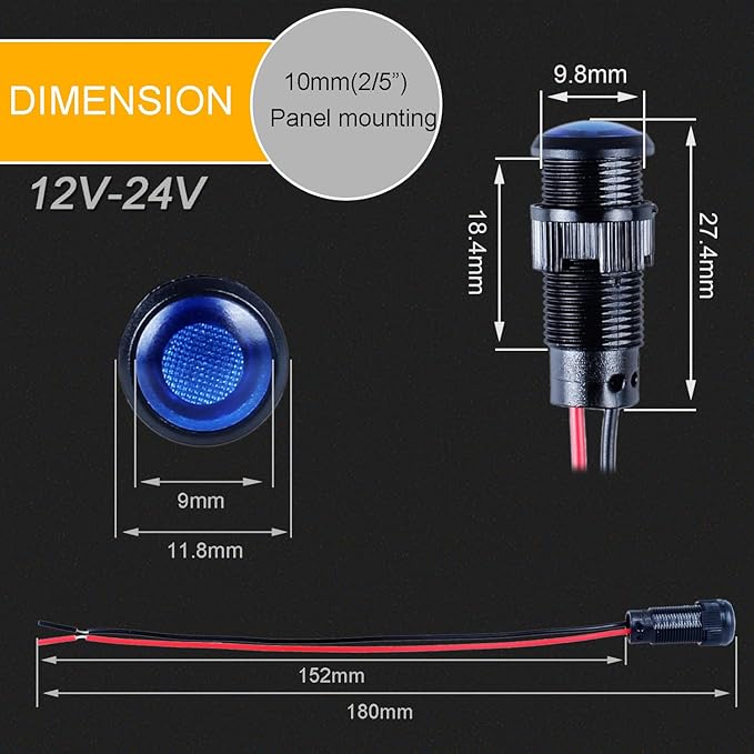 5pcs 10mm LED Indicator Light Plastic Black Signal Dot Lamp 12V-24V 2/5" Mounting Hole Size with 15cm/5.9in. Wire (Blue LED)