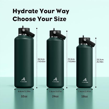 POWCAN 24 oz Water Bottle Insulated: BPA-Free, Leakproof Lid with Straw, Lightweight, Flex Cap, Stainless Steel Water Bottle for Sport, Hikig, Office, Commute, Worker, Walking, Cycling (Fir Green)