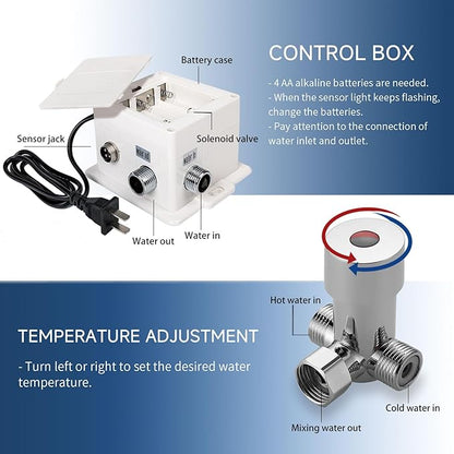 Touchless Bathroom Sink Faucet Automatic Motion Sensor Hands Free Faucet with Hole Cover Plate and Temperature Mixer,Commercial Solid Brass Faucet,AC/DC Powered,1 Hole or 3 Hole (Chrome)