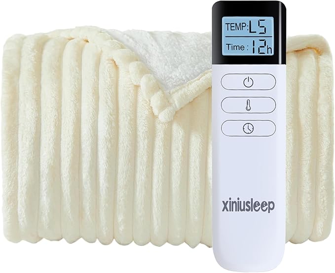 Heated Blanket Electric Blanket 90"x90", Soft Flannel Sherpa Electric Throw with 5 Heating Level & 12 Times Setting, Heated Throw with Overheating Protection, Machine Washable (Beige)