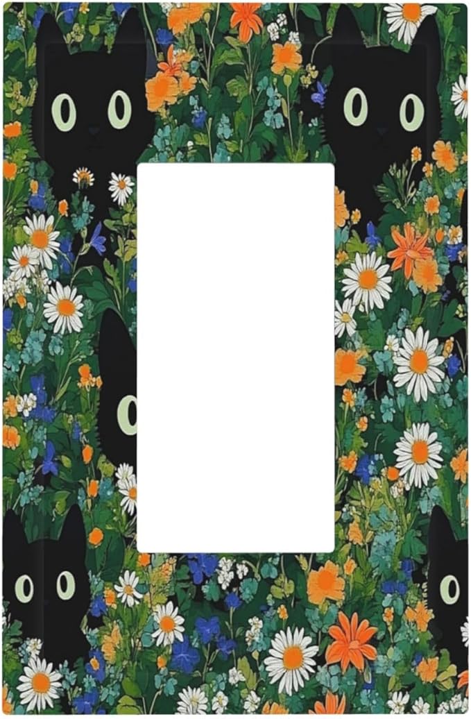 Boho Funny Black Cute Cats Daisy Wildflower Decorative Outlet Covers 1 Gang Single Rocker Light Switch Cover Plate Wall Plates Gfci Faceplate For Kids Room Bed Room Decor
