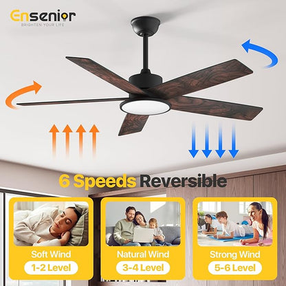 Ensenior 52 Inch Smart Ceiling Fans with Lights and Remote Control via Alexa Google Voice App, Reversible DC Motor 6 Speeds, 3000K-6000K Dimmable LED Black Bedroom Ceiling Fan with Lights - 5 Blades