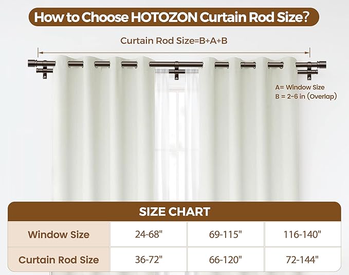 Double Curtain Rod 72 to 144 Inch, HOTOZON 1 Inch Heavy Duty Curtain Rods for Windows, Telescoping Double Drapery Rod with Simple Cap Finials, Bronze