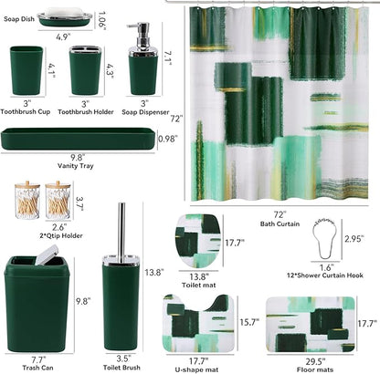 Bathroom Set - Dark Green Bathroom Accessories Set, Bathroom Sets with Shower Curtain and Rugs, Green Shower Curtain Set with Bathroom Trash Can, Soap Dispenser, Soap Dish for Home Decor