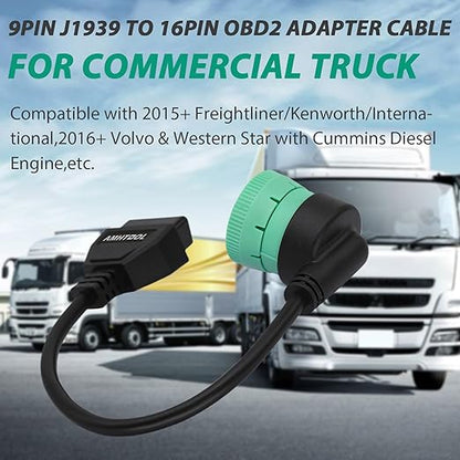 J1939 OBD2 Adapter Cable Fits Truck Diagnostic Scanner/Code Reader, 9 Pin to OBD2 16 Pin Connector, J1962-J1939 for Cummins Diesel Engine, Fit for Truck ELD and GPS Tracker