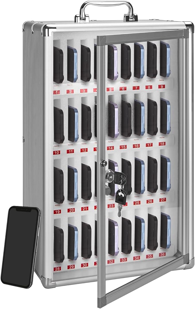 36-Slot Cell Phone Locker with Lock & Key, Heavy Duty Aluminum & Acrylic Cell Phone Storage for Classroom, Office, Retail – Wall Mount Secure Cell Phone Holder, Lock Box, Phone Jail (Silver)