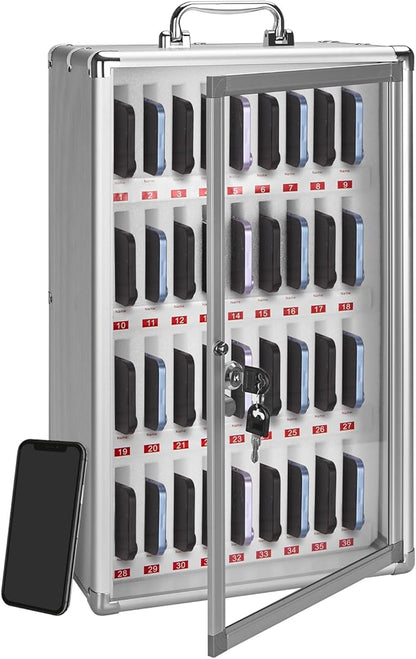 36-Slot Cell Phone Locker with Lock & Key, Heavy Duty Aluminum & Acrylic Cell Phone Storage for Classroom, Office, Retail – Wall Mount Secure Cell Phone Holder, Lock Box, Phone Jail (Silver)