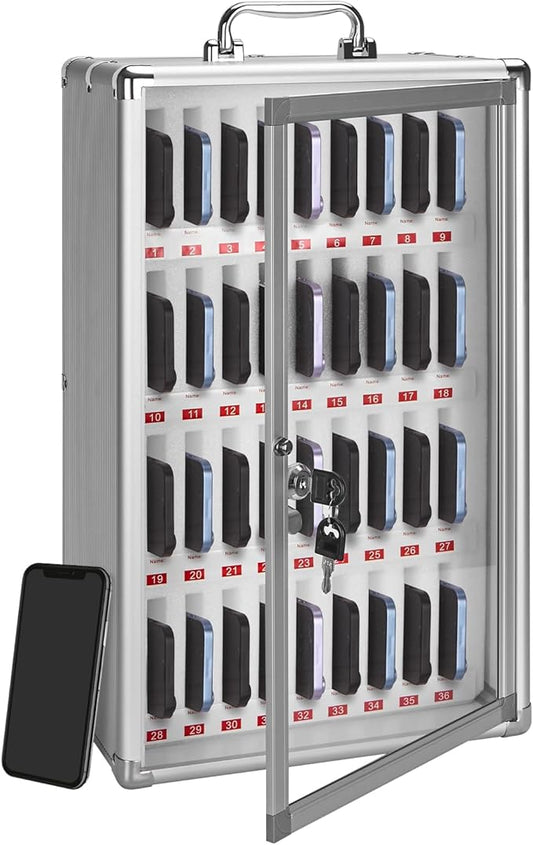 36-Slot Cell Phone Locker with Lock & Key, Heavy Duty Aluminum & Acrylic Cell Phone Storage for Classroom, Office, Retail – Wall Mount Secure Cell Phone Holder, Lock Box, Phone Jail (Silver)