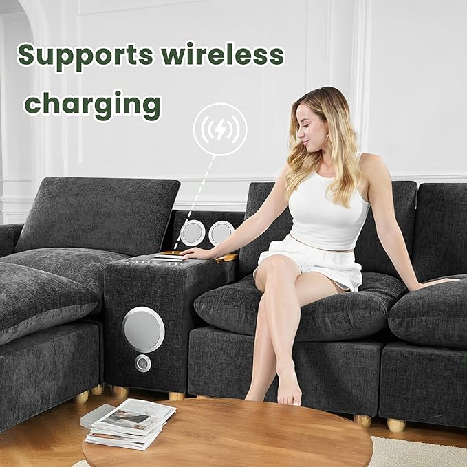 Brelice Modular Sofa Console with Wireless Charging & Bluetooth Speaker - All-in-One Armrest Organizer with Wired Charging, Storage Tray, Volume Control for Sectional Couch, Living Room