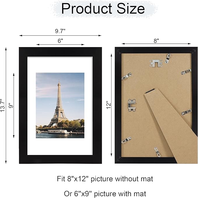 iRahmen 8x12 Picture Frame with HD Tempered Glass, Display Pictures 6x9 with Mat or 8 x 12 Without Mat, Wood Photo Frames for Tabletop and Wall Mount (Black, 1 Pack)