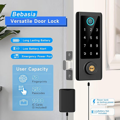 BEBASIA Fingerprint Door Lock for Front Door with Handle Set, App Control, Smart Keyless Entry Digital Electronic Keypad Touchscreen Deadbolt, Easy Install, Auto Lock, Black