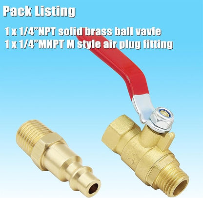 1/4 inch NPT Brass Ball Valve Kit Air Compressor Shut Off Valve With M-Stype Air Plug Fitting 1/4"NPT Male Thread 2 Part Unit