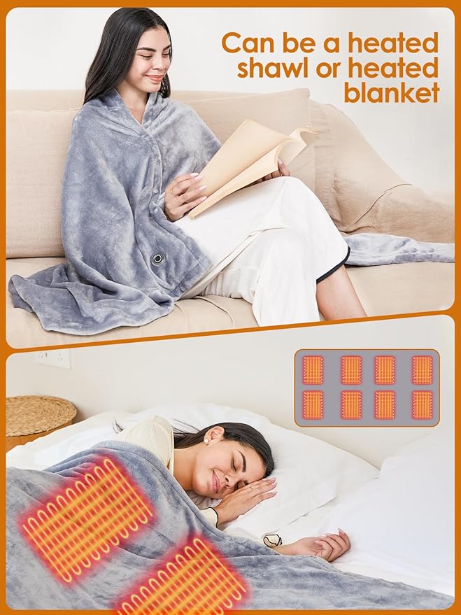 USB Heated Electric Blanket,with 10000mAh Power Bank,Cordless Portable Wearable Heated Throw Blanket,3 Heating Levels,8 Heating Zones,65''*34'' for Home,Travel and Camping