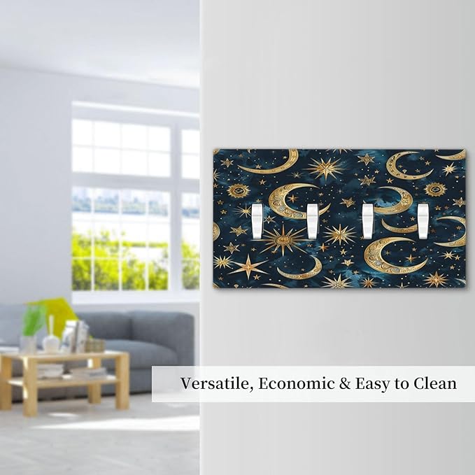 Light Switch Covers Modern Abstract Sky Blue Gold Moon Sun Star Quad Toggle Electrical Faceplate 4 Gang Wall Plate Decorative Switch Plates for Bedroom Kids room Decor