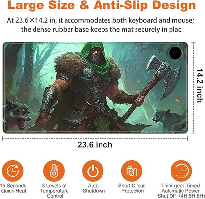 Small Heated Desk Pad 23.6" x 14.2" – Compact Electric Mouse Pad with 3 Heating Levels, Auto Shut-Off, Waterproof PU Surface, Plug-in Warmer for Office or Home Use, Wild Hunter