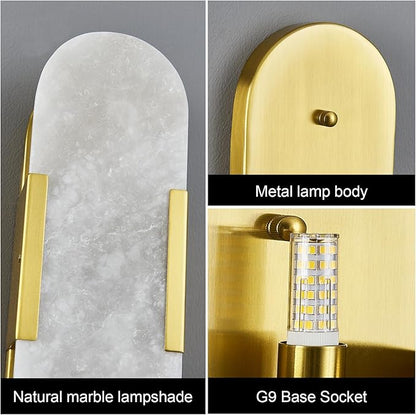 Brass Alabaster Wall Sconces Set of Two, Modern Natural Marble Wall Sconces for Indoor Lighting, 13.8 in Gold Wall Lights for Bathroom Dining Room Stairs Bedroom