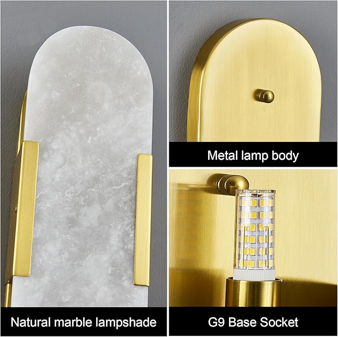 Brass Alabaster Wall Sconce, Modern Natural Marble Wall Sconces for Indoor Lighting, 13.8 in Gold Wall Lights for Bathroom Dining Room Stairs Bedroom (1-Pack)