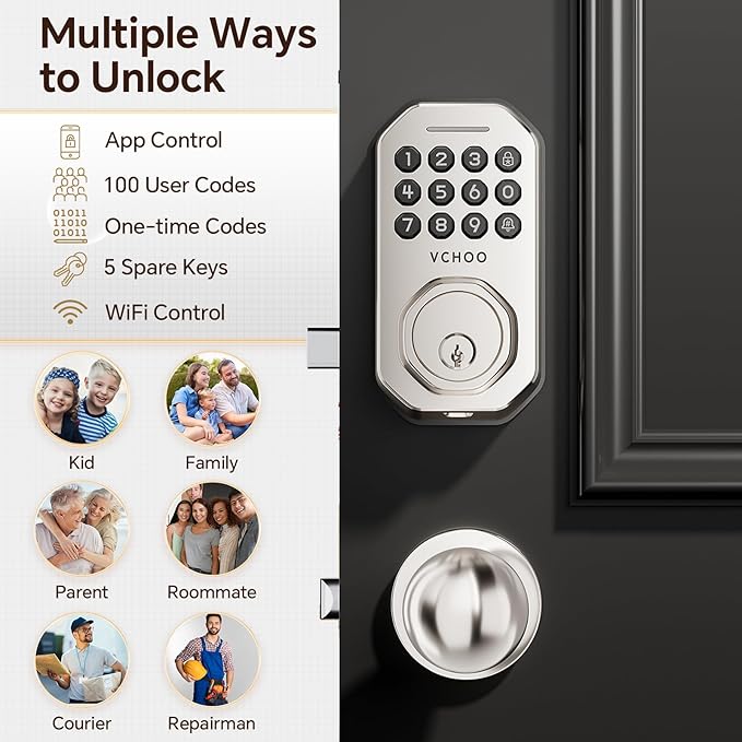 Keyless Entry Door Lock with 2 Knobs App Control Smart Locks for Front Door WiFi Door Lock Set Automatic Lock One Time Password Anti Peeping Password IP54, Satin Nickel