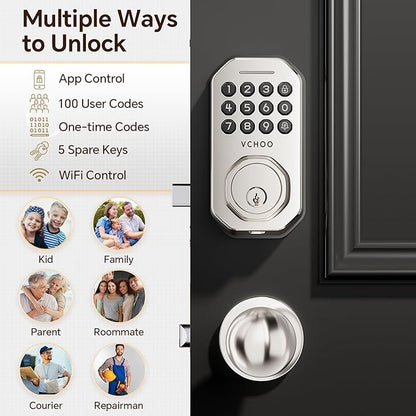Keyless Entry Door Lock with 2 Knobs App Control Smart Locks for Front Door WiFi Door Lock Set Automatic Lock One Time Password Anti Peeping Password IP54, Satin Nickel