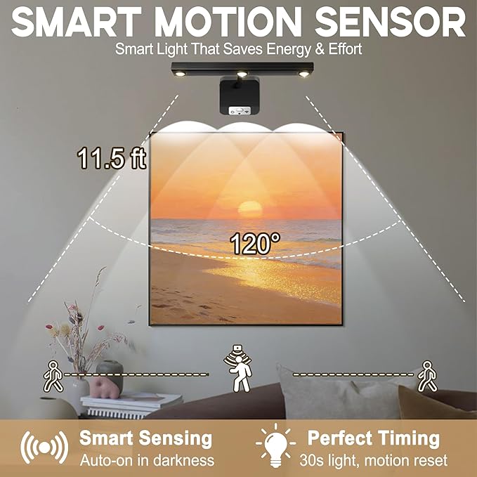 Motion Sensor Wireless Picture Lights for Wall, Dimmable Battery Operated Picture Light with Timer, Extendable Painting Light with Remote, 3 Color Temp, Rotatable Wall Art Light for Paintings